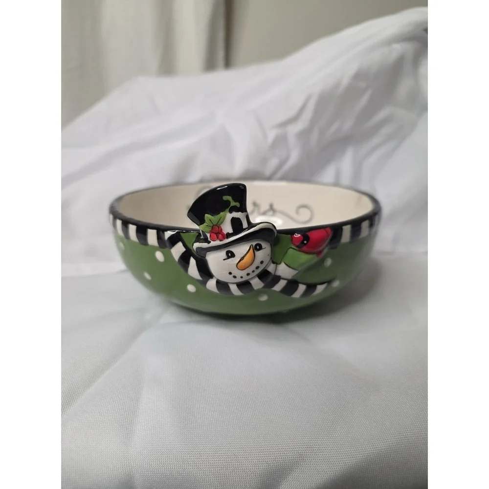 Fitz and Floyd Frostys‎ Frolic Cheers Sentiment Bowl Snack Snowman Embossed